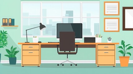 Poster - Streamlined flat office setup embracing minimalism with functional design and subtle decor elements
