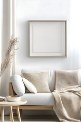 Canvas Print - A minimalist, light-gray frame on a white wall in a Nordic-style living room, with clean lines and soft colors