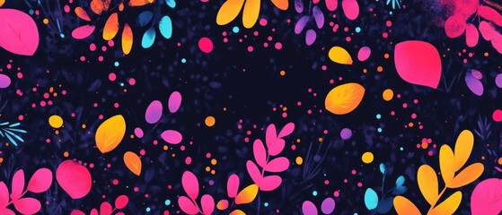 Poster - This vibrant floral design features an array of colorful leaves and shapes set against a dark background, creating an eye-catching and joyful display