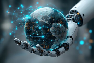 Poster - AI robot hand holding the glowing digital Earth hologram