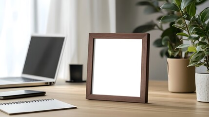 A modern picture frame on a wooden desk in a home office, with a laptop and notebook nearby, surrounded by minimalist decor and a green plant in the background