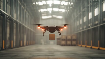 Poster - Autonomous drone flying inside a warehouse, brown package beneath, highlighting technological advancements in logistics