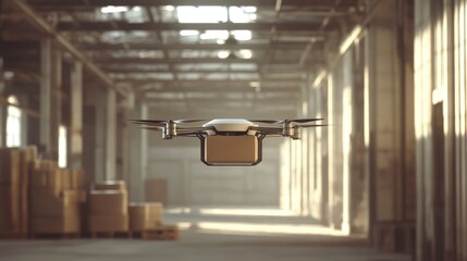Poster - Autonomous drone flying inside a warehouse, brown package beneath, highlighting technological advancements in logistics