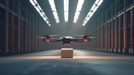 Poster - Autonomous drone flying inside a warehouse, brown package beneath, highlighting technological advancements in logistics