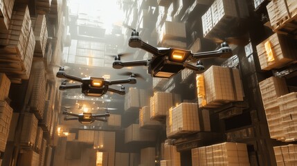 Poster - Delivery drones flying through an organized warehouse, demonstrating the integration of robotics in supply chain operations
