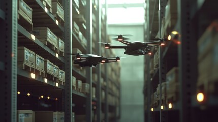 Poster - Drones hovering near parcel shelves in a warehouse, illustrating the advancements in delivery technology and robotics