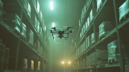 Poster - Drones hovering near parcel shelves in a warehouse, illustrating the advancements in delivery technology and robotics