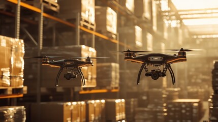 Poster - Drones working collaboratively in a warehouse environment, showcasing the potential of robotic technology in logistics