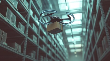 Poster - Futuristic delivery drone flying over shelves in a warehouse, transporting a brown package, emphasizing autonomous technology