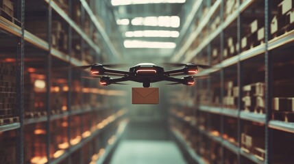 Poster - Futuristic delivery drone flying over shelves in a warehouse, transporting a brown package, emphasizing autonomous technology