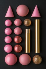Poster - A creative display features various geometric shapes and shiny decorative spheres arranged neatly, showcasing vibrant pink and gold colors against a dark backdrop