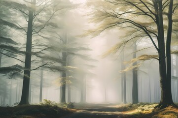 Wall Mural - a sunlight foggy scene with nature in the background