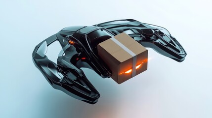 Futuristic delivery drone holding a brown package, hovering on a clean white background, symbolizing robotic logistics innovation