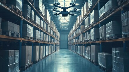 Poster - High-tech delivery drones in flight within a warehouse, highlighting the impact of robotics on logistics and package distribution
