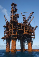 A rusty and abandoned industrial oil rig stands in the ocean. Complete with corroded metal supports and pipes. Rust eats away at the edges. Causes a rough surface.