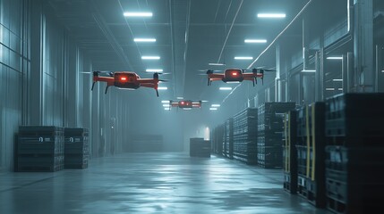 Poster - High-tech delivery drones in flight within a warehouse, highlighting the impact of robotics on logistics and package distribution