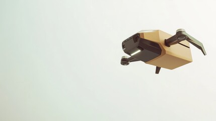 Poster - Modern delivery drone flying with a brown box against a crisp white background, representing cutting-edge autonomous robotics