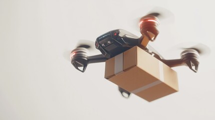 Poster - Modern delivery drone flying with a brown box against a crisp white background, representing cutting-edge autonomous robotics