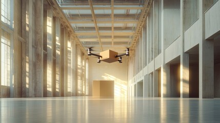 Poster - Modern delivery drone flying with a brown box inside a spacious warehouse, showcasing autonomous robot technology in logistics