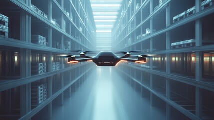 Poster - Modern delivery drones navigating through warehouse aisles, emphasizing the efficiency of autonomous delivery solutions