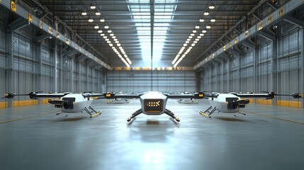 Poster - Modern delivery drones operating in a spacious warehouse, symbolizing the future of logistics through autonomous technology