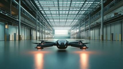 Poster - Modern delivery drones operating in a spacious warehouse, symbolizing the future of logistics through autonomous technology