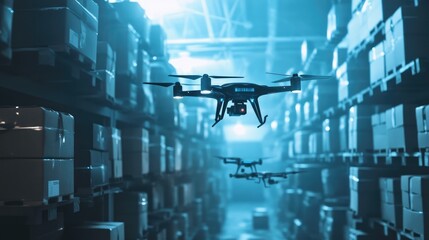 Poster - Modern drones hovering above stacked parcels in a warehouse, symbolizing innovation in package delivery and logistics