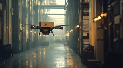 Poster - Modern warehouse scene with a delivery drone flying by, brown box in tow, showcasing the use of robotics for efficient deliveries