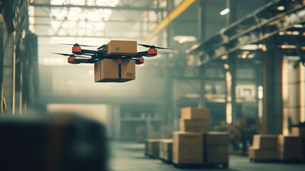 Poster - Modern warehouse scene with a delivery drone hovering over parcels, carrying a brown box, symbolizing automation in supply chains