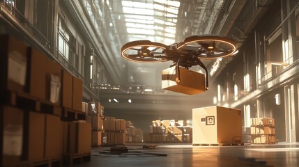 Poster - Modern warehouse scene with a delivery drone hovering over parcels, carrying a brown box, symbolizing automation in supply chains