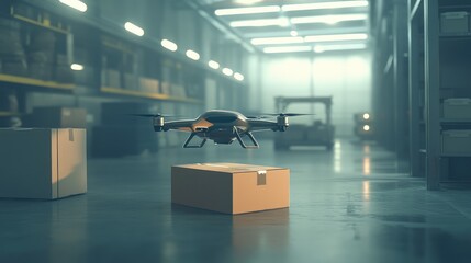 Poster - Warehouse environment with a sleek delivery drone in flight, brown box secured, highlighting the concept of autonomous technology