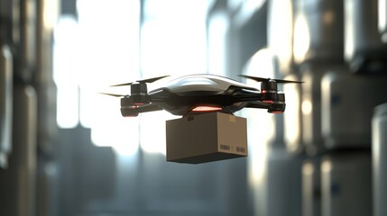 Poster - Warehouse environment with a sleek delivery drone in flight, brown box secured, highlighting the concept of autonomous technology
