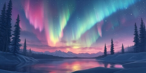 Colorful Aurora Borealis Over Snowy Landscape at Sunset
