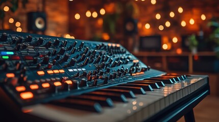 Poster - close-up of a modern synthesizer with blurred background of warm ambient lights in a cozy music stud