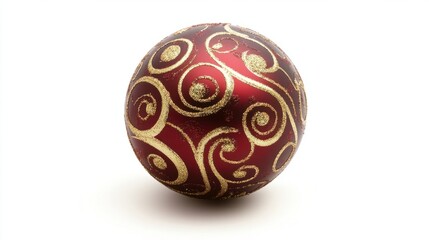 Sparkly red and gold Christmas ball with swirling patterns, isolated on a clean white background