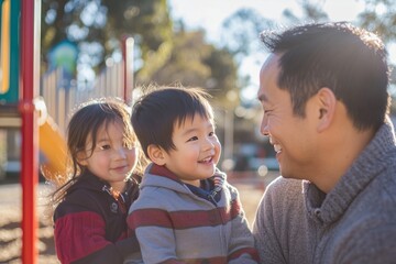 Father spending joyful day with his two young children at a sunny outdoor playground, bonding and sharing happy moments together