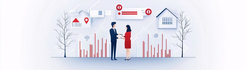 Poster - a couple discusses mortgage rates with a financial advisor, with a chart displaying property loan op