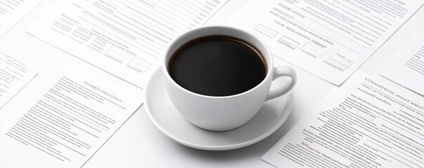 Poster - An adjustable rate mortgage chart and loan agreement forms on a desk, with a cup of coffee in the corner, set against a clean background to offer significant copy space.