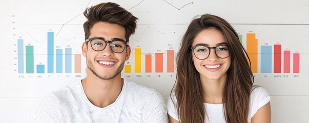 Poster - Detailed financial magazine cover featuring a young couple, happy with their new home purchase, mortgage rate statistics subtly overlaid on background charts
