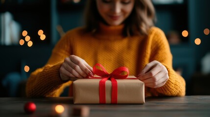 Woman tying red ribbon on a brown gift box with holiday lights in background.