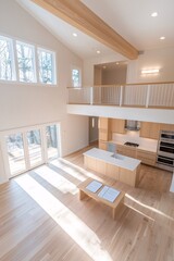 Poster - wide-angle view of a spacious living room in a new home, with documents on the coffee table symboliz