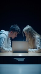 Poster - Calm and contemplative moment of a couple at home, discussing mortgage documents with an open laptop on the table, cozy home setting