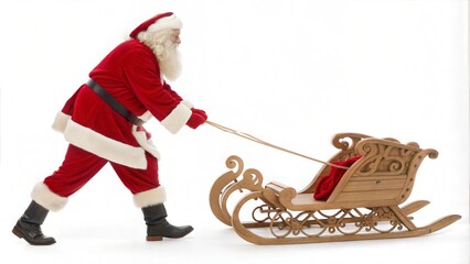 Full length profile shot of santa claus pulling a wooden sleigh isolated on white background