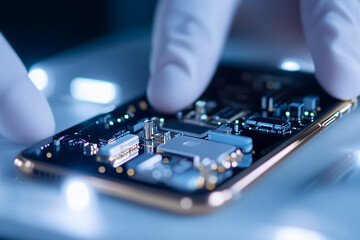 Poster - A technician carefully examines the intricate circuitry of a smartphone with gloved hands in a lab