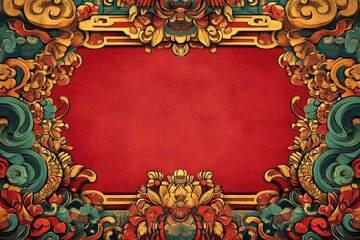 chinese style wallpaper, red background with gold decoration and large blank space in the center for cartoonish digital illustration with generative ai