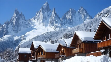 Wall Mural - A small mountain village in the Alps, with wooden chalets covered in snow, nestled among tall peaks. 