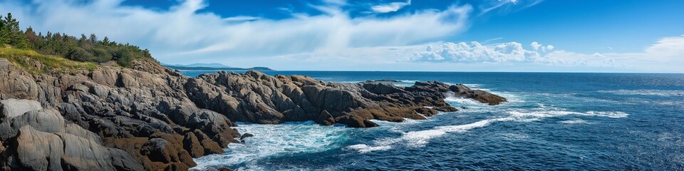 Wall Mural - A beautiful blue ocean with a rocky shoreline. The sky is clear and the sun is shining