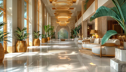 Wall Mural - A vacation hotel lobby. with marble floors, towering ceilings. Stylish and luxurious design.