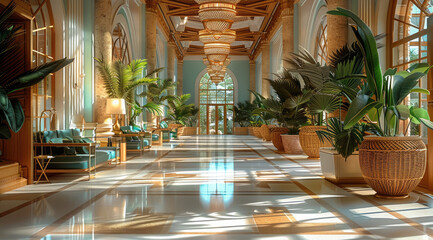 Poster - A vacation hotel lobby. with marble floors, towering ceilings. Stylish and luxurious design.