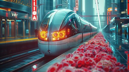 Aufkleber - A high-speed, transparent glass, fashionable train, station on a platform in a modern cityscape.